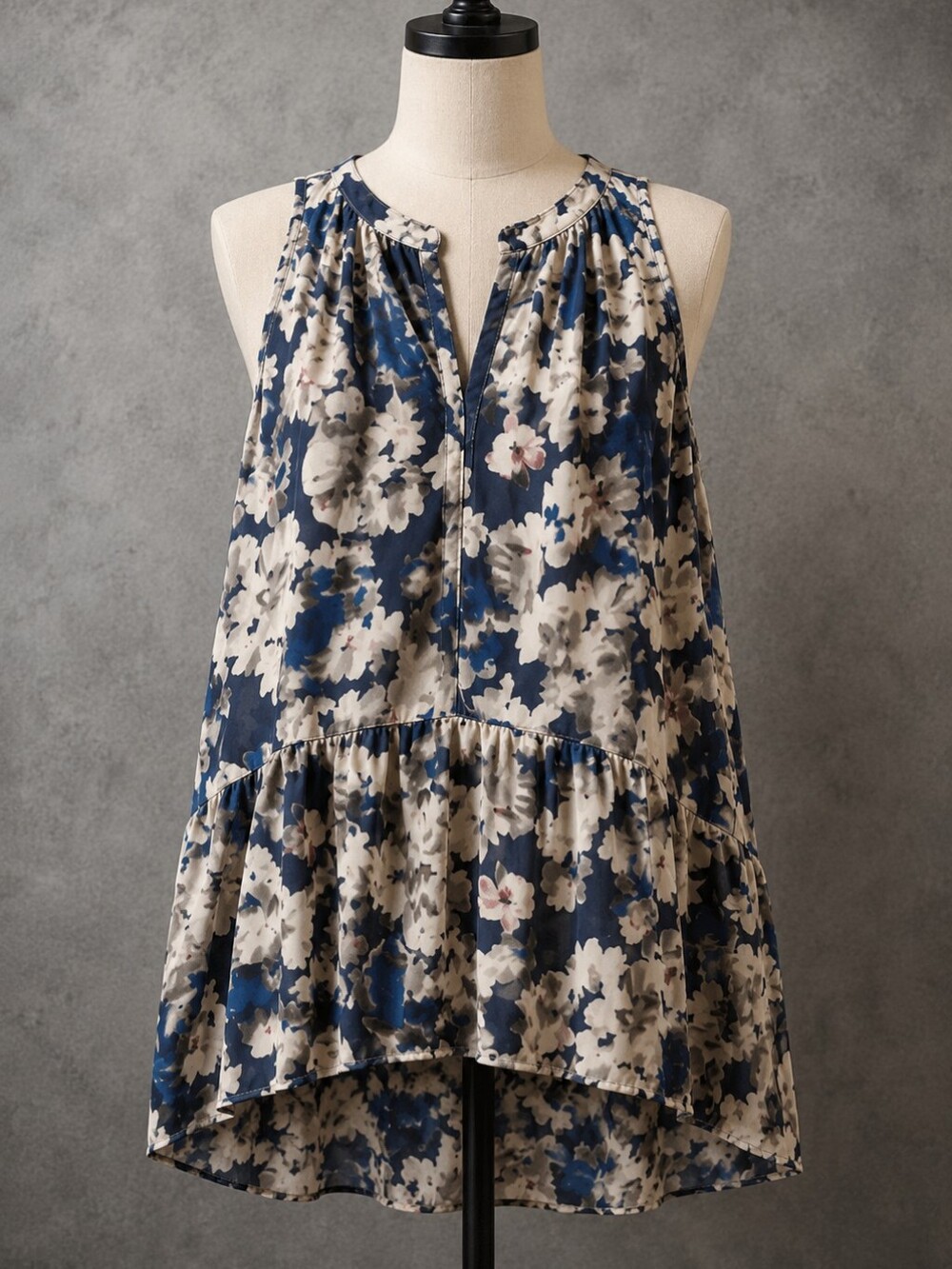Sim & Sam MFloral Sleeveless Blouse Blue Cream High Low Tank Top Women's